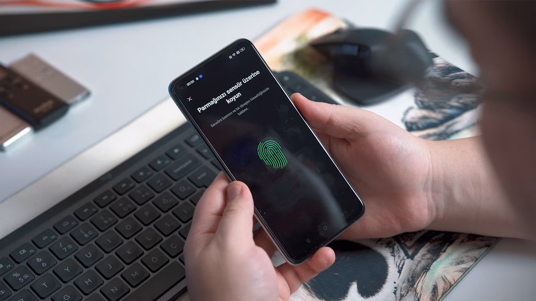 passwordless authentication digital security — employee using biometric authentication on smartphone with security unlock interface